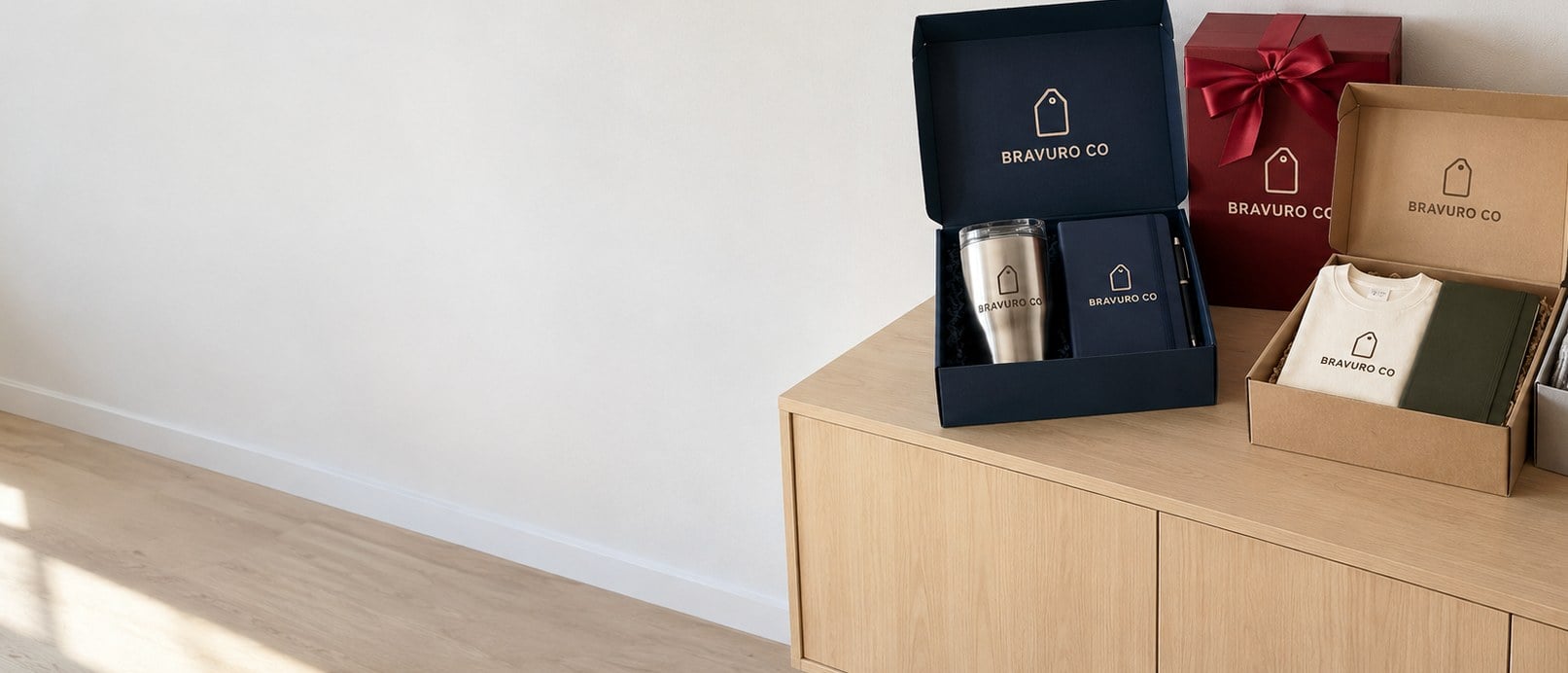 Custom employee gift boxes for anniversaries, the holidays, new hires and remote staff on a pale wood credenza